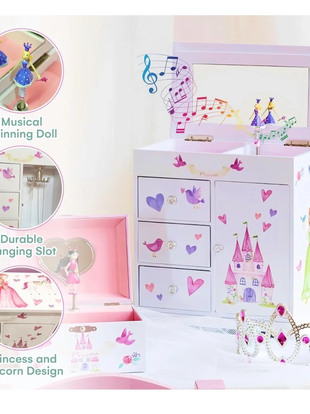 Princess-Themed White Jewelry Organizer Cabinet for Kids